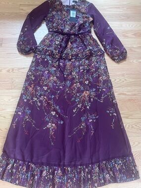 Annah Hariri Floral Long-Sleeve Modest Maxi Dress in Deep Purple size 4